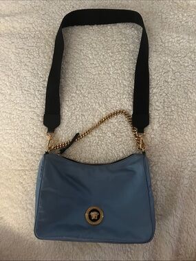 Versace Le Medusa Nylon Tribute Chain Crossbody. Light Blue